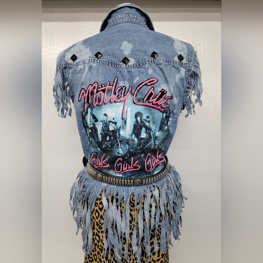 Motley Crue Fringed Denim Jean Shirt Vest  Upcycled Rock Couture - Picture 4 of 12